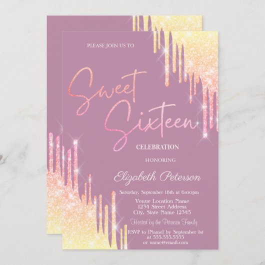 Glitter Drips Light Blue Sweet 16 Einladung (Vorne/Hinten)