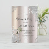 Glitter Drips Martini Rose Gold Retirement Einladung (Stehend Vorderseite)