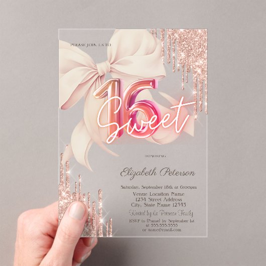 Glitter Drips Pink Bow Rose Gold Shiny Sweet 16 Acryleinladungen (Insitu (Handheld))