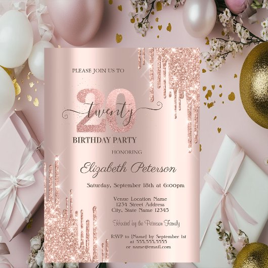 Glitter Drips Rose Gold 20th Birthday Party Einladung