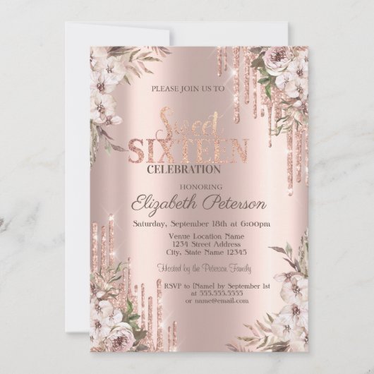 Glitter Drips Rose Gold Boho Blumen Sweet 16 Einladung (Vorderseite)