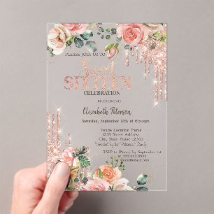Glitter Drips Rose Gold High Heels Rosen Sweet 16 Acryleinladungen