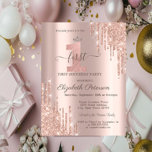 Glitter Drips Rose Gold Silber Tiara 1. Geburtstag Einladung