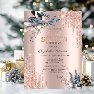Glitter Drips Rose Gold Winter Blumen Sweet 16 Einladung