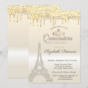 Glitter-Eiffelturm, tropft Gold Quinceañera  Einladung