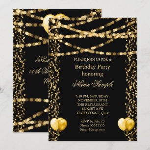 Glitter Faux Folie Goldene Ballons Schwarzer Gebur Einladung
