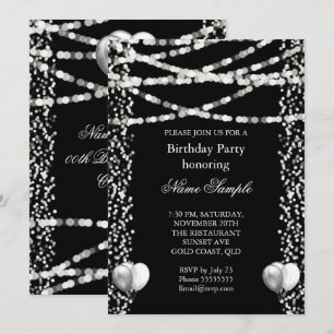 Glitter Faux Folie Silber Ballons Schwarzer Geburt Einladung