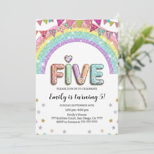 Glitter FIVE Girly Rainbow Sequin 5th Birthday Einladung (Stehend Vorderseite)