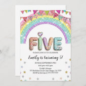 Glitter FIVE Girly Rainbow Sequin 5th Birthday Einladung (Vorne/Hinten)