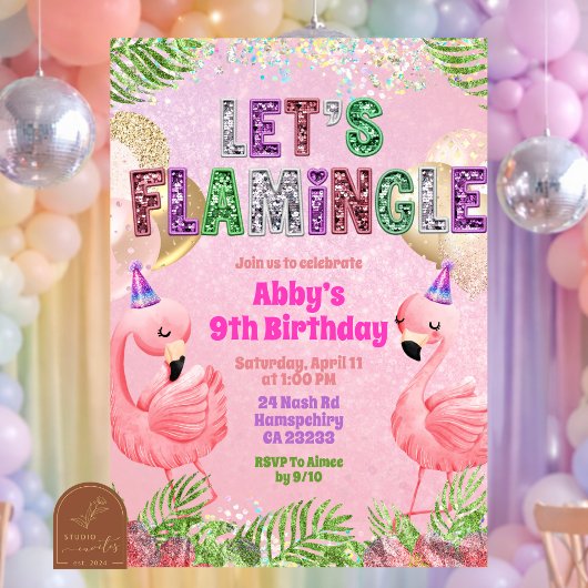 Glitter Flamingle Sequin Mädchen Geburtstag  Einladung
