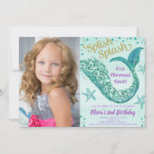 Glitter-Foto des Meerjungfraugeburtstages Einladung (Vorderseite)