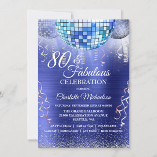 Glitter Glam 80. Geburtstag Blau Disco Kugel Einladung
