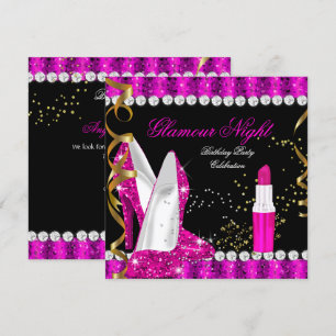 Glitter Glamour Hot Pink Gold Schwarz Geburtstag Einladung