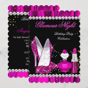 Glitter Glamour Nacht Tief Rosa Gold Schwarz Party Einladung