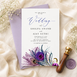 Glitter Gold Blau Lila Pfau Feder Hochzeit Einladung