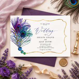 Glitter Gold Blau Lila Pfauenfeder Hochzeit Einladung
