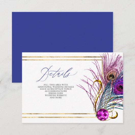 Glitter Gold Blue Purple Peacock Plume Wedding Begleitkarte (Vorne/Hinten)