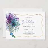 Glitter Gold Blue Purple Peacock Plume Wedding Einladung (Vorderseite)