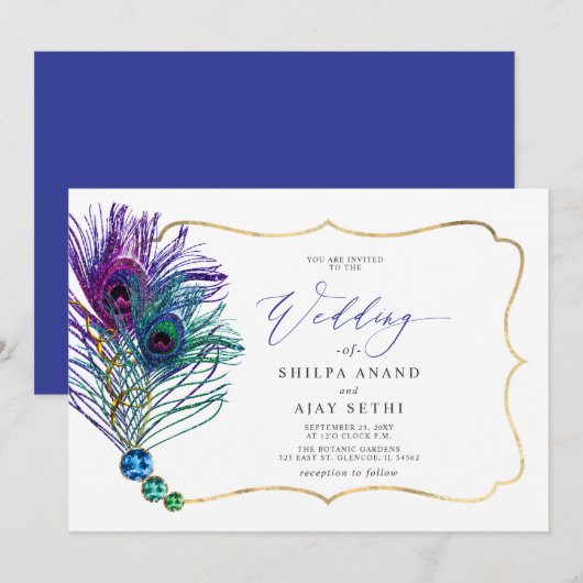 Glitter Gold Blue Purple Peacock Plume Wedding Einladung (Vorne/Hinten)