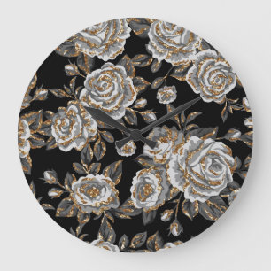 Glitter Gold Floral: Funkelndes Vintage. Große Wanduhr