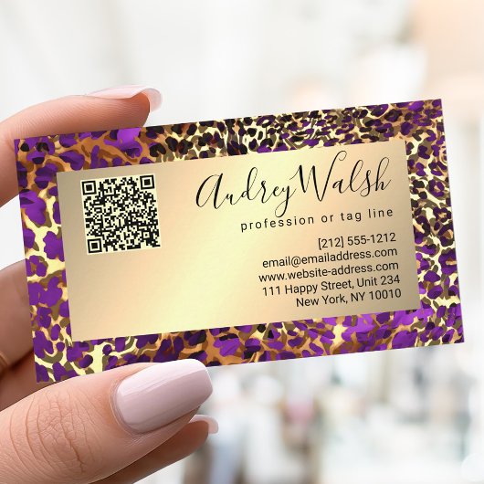  Glitter Gold Luxury QR Code Animal Skin Leopard Visitenkarte