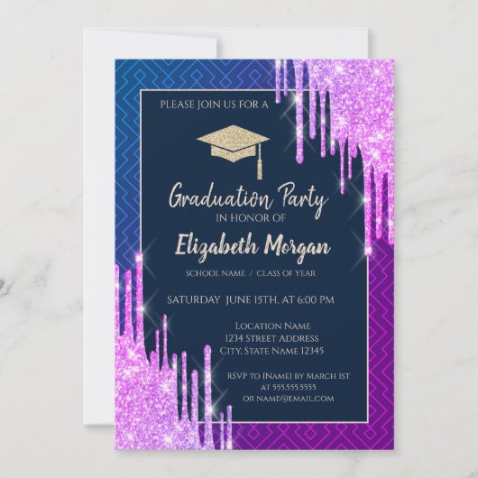 Glitter Graduation Cap,Drips Geometric Graduation Einladung (Vorderseite)