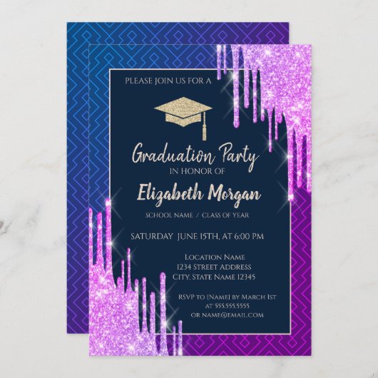 Glitter Graduation Cap,Drips Geometric Graduation Einladung (Vorne/Hinten)