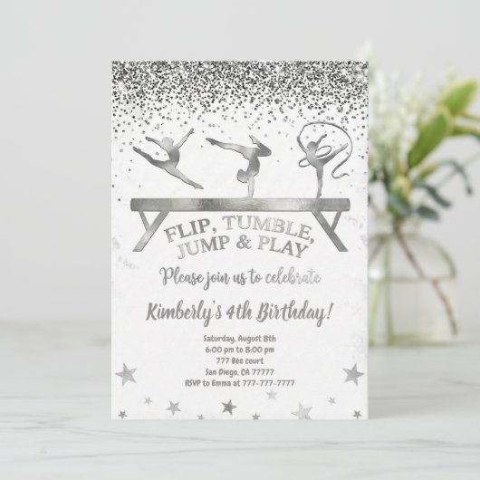 Glitter Gymnastic Kids Birthday Invitation Einladung (Stehend Vorderseite)