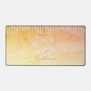 Glitter Hearts Yellow Peach Desk Mat Schreibtischunterlage