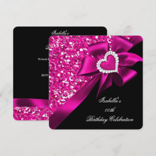 Glitter Hot Pink Herz-Schleife Schwarz Geburtstags Einladung