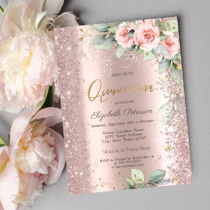 Glitter-Konfetti Roségold Rosen Quinceanera Einladung