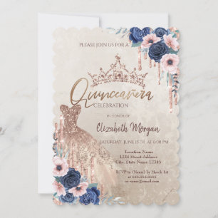 Glitter-Kronen-Tropfen,Kleid,blaue Rosen Quinceañe Einladung