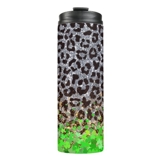 Glitter Leopard Print mit Kleeblatt Overlay Thermosbecher (Vorderseite)