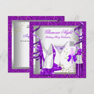 Glitter Lila Glamour Nacht Trinken Geburtstagsfeie Einladung