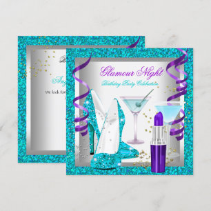 Glitter Lila Türkis Glamour Nacht Martini Party Einladung