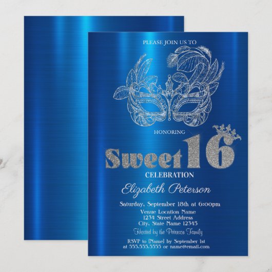 Glitter Mask Blue Metallic Sweet 16 Einladung (Vorne/Hinten)