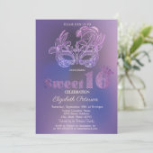 Glitter Mask Violet  Sweet 16 Einladung (Stehend Vorderseite)