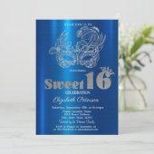 Glitter-Maske Blau Metallic Sweet 16 Einladung (Stehend Vorderseite)