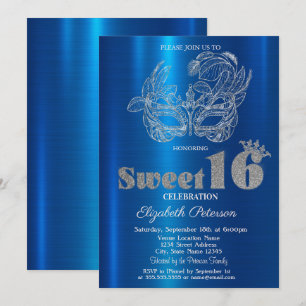 Glitter-Maske Blau Metallic Sweet 16 Einladung