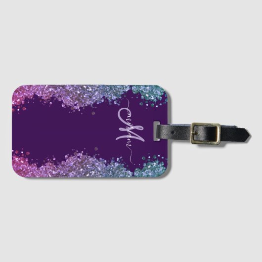 Glitter Modern Monogram Purple Teal Blue Shiny  Gepäckanhänger (Vorderseite (Horizontal))