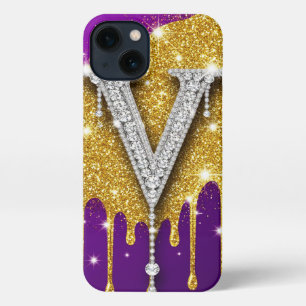 Glitter Monogramm ✨ Goldtropfen Lila Luxus Glamour iPhone 13 Hülle