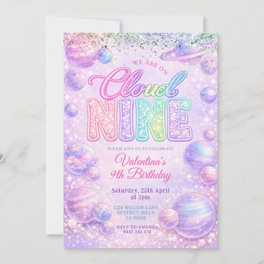 Glitter Pastel Rainbow Space Birthday Party Einladung (Vorderseite)