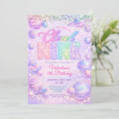 Glitter Pastel Rainbow Space Birthday Party Einladung (Stehend Vorderseite)
