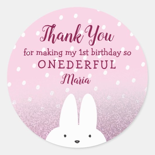 Glitter Pink Bunny Onederland 1st Runder Aufkleber (Vorderseite)