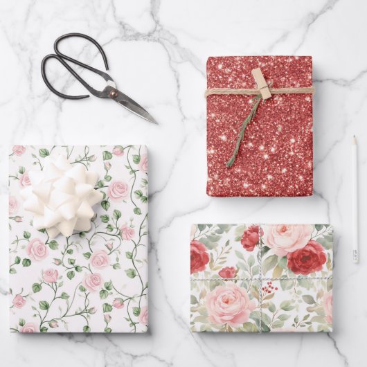 Glitter Pink Red Roses Floral Bridal Shower Geschenkpapier Set (Vorderseite)