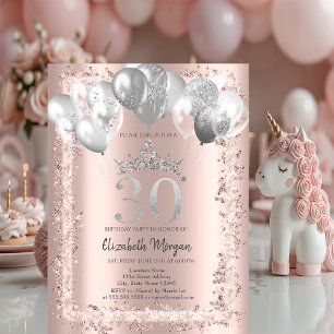 Glitter Rahmen, Silberkrone, Luftballons 30. Gebur Einladung