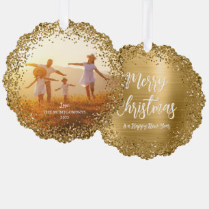 Glitter-Rand Familienfoto Frohe Weihnachten Ornament Karte