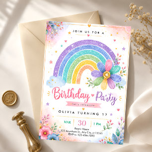 Glitter Regenbogen 17. Geburtstag Einladung