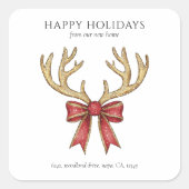 Glitter Reindeer Antlers New Home Custom Address Quadratischer Aufkleber (Vorderseite)