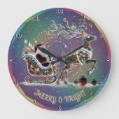 Glitter Reindeer Sleigh Merry & Bright Große Wanduhr (Vorderseite)